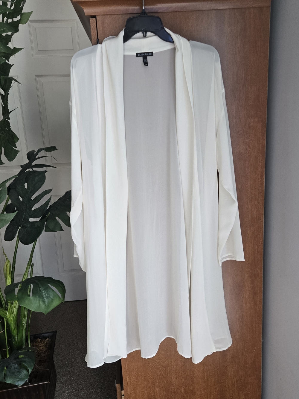 Eileen Fisher Silk Cream Open-Front Lightweight Cardigan